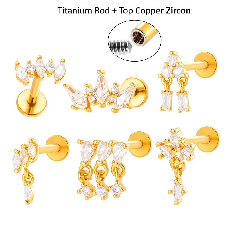 

2PC G23 Titanium Rod 16G Ear Stud Top Copper Hoop CZ Pendant Internal Thread Lip Stud Cartilage Tragus Labret Piercing Jewelry