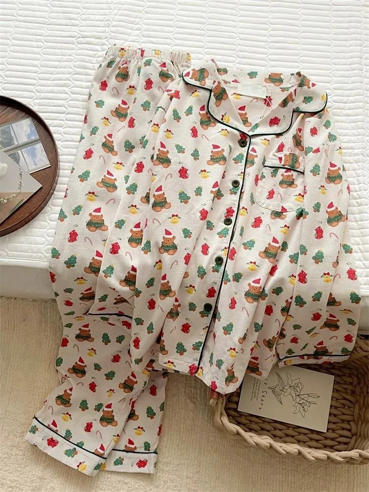 Cotton Pajama Sets Women Christmas PJ Set Bear Homewear Long Sleeves Button Female Sleepwear Pajamas Pants Kawaii Y2K Nightwear