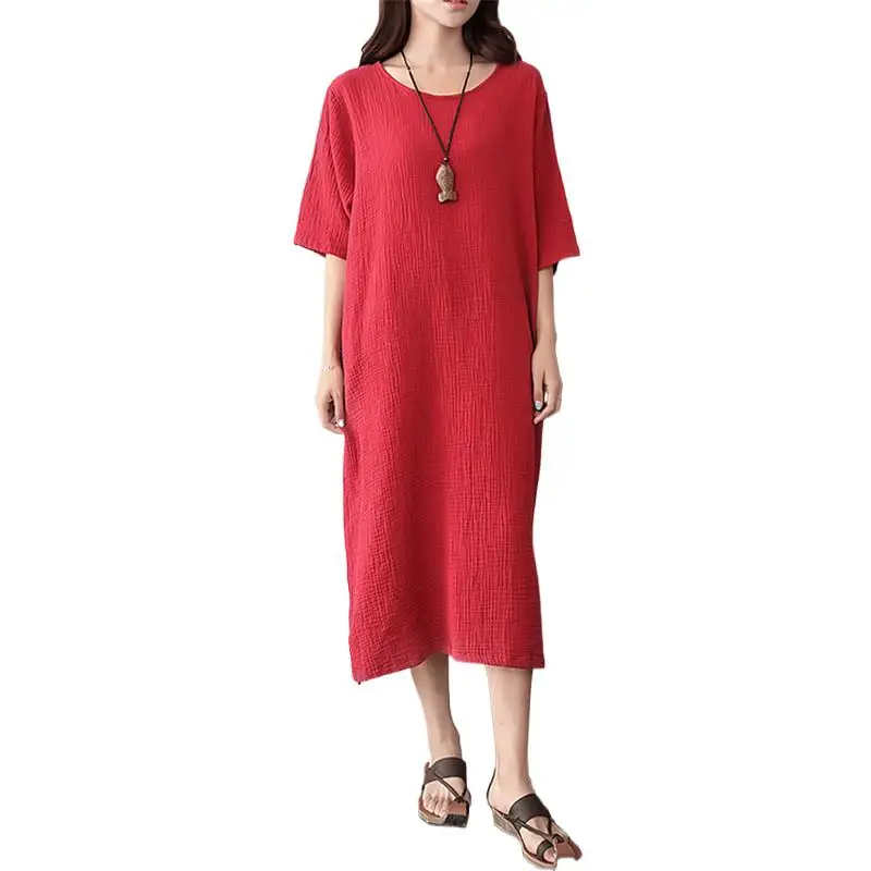 

Women Cotton Linen Vintage Dress Half Sleeve O-neck Loose Casual dress Cotton Vestidos Black Red robe vintage clothes vestidos