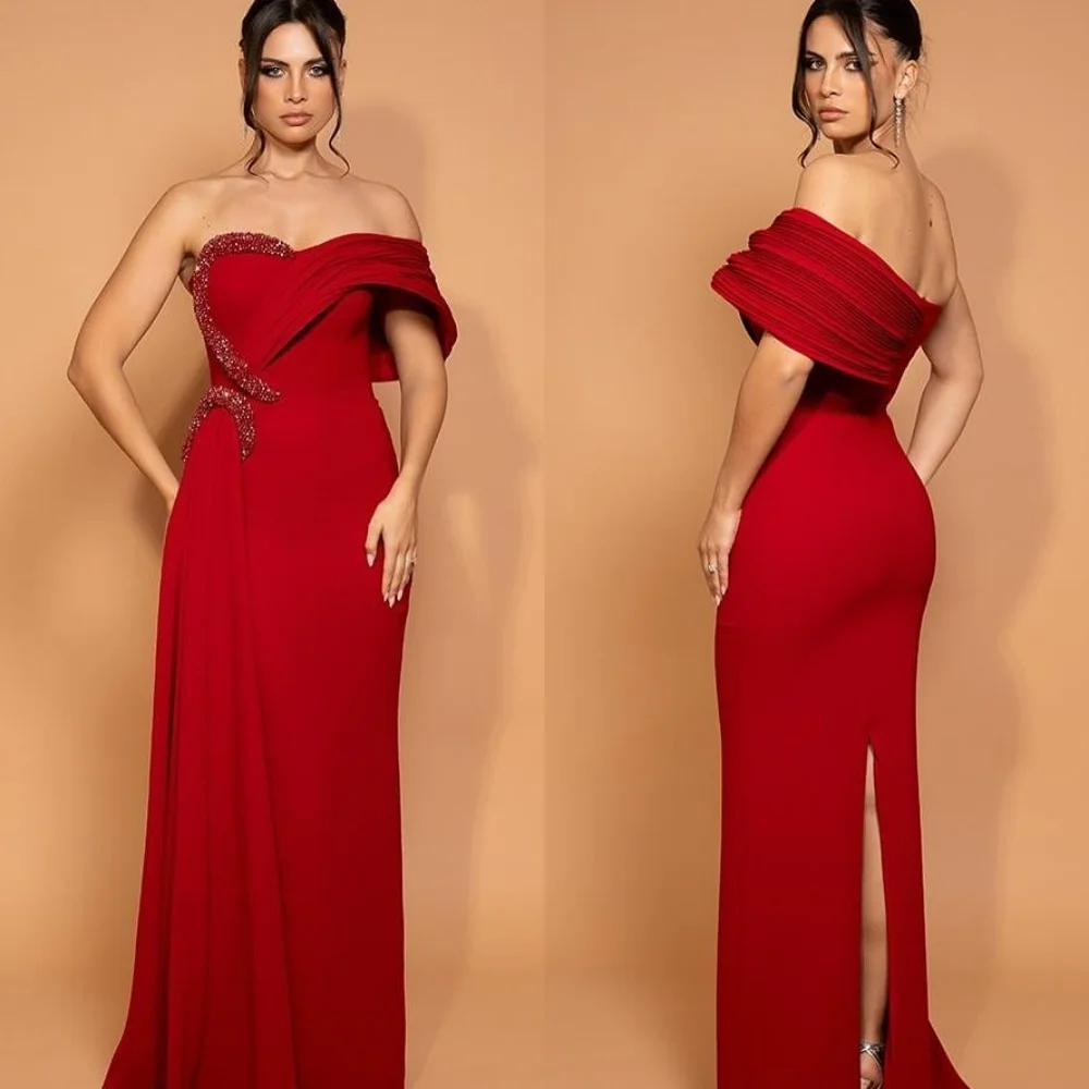 

Customized Intricate Matching Jersey Sequined Pleat A-line One-shoulder Long Dresses Bespoke Occasion Formal
