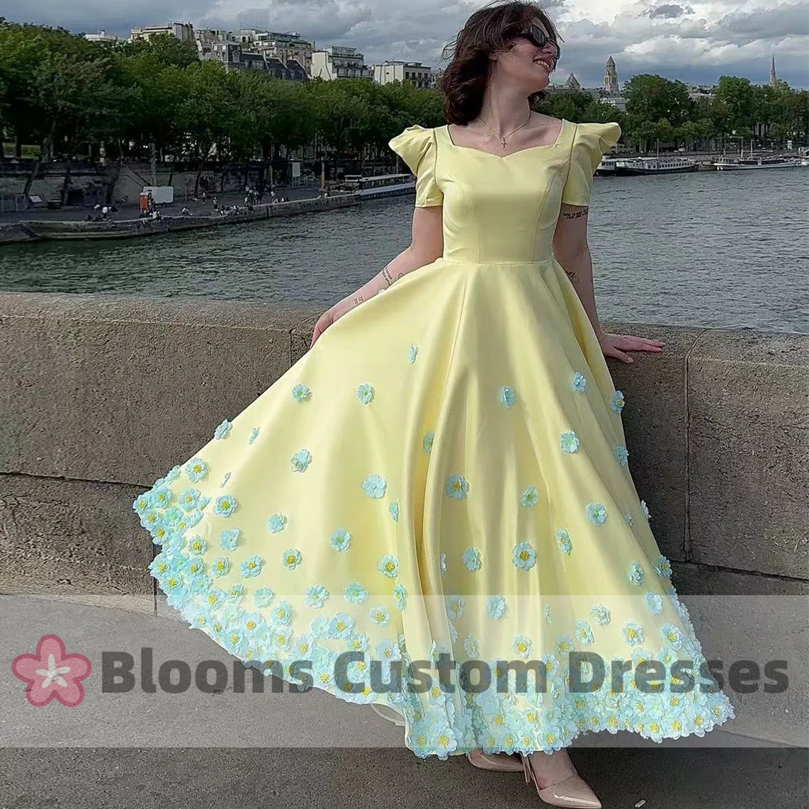 Blooms Short Sleeves Prom Dresses Flowers A-Line Customized Sweet Evening Dress 2024 Wedding Guest Formal Party Gown