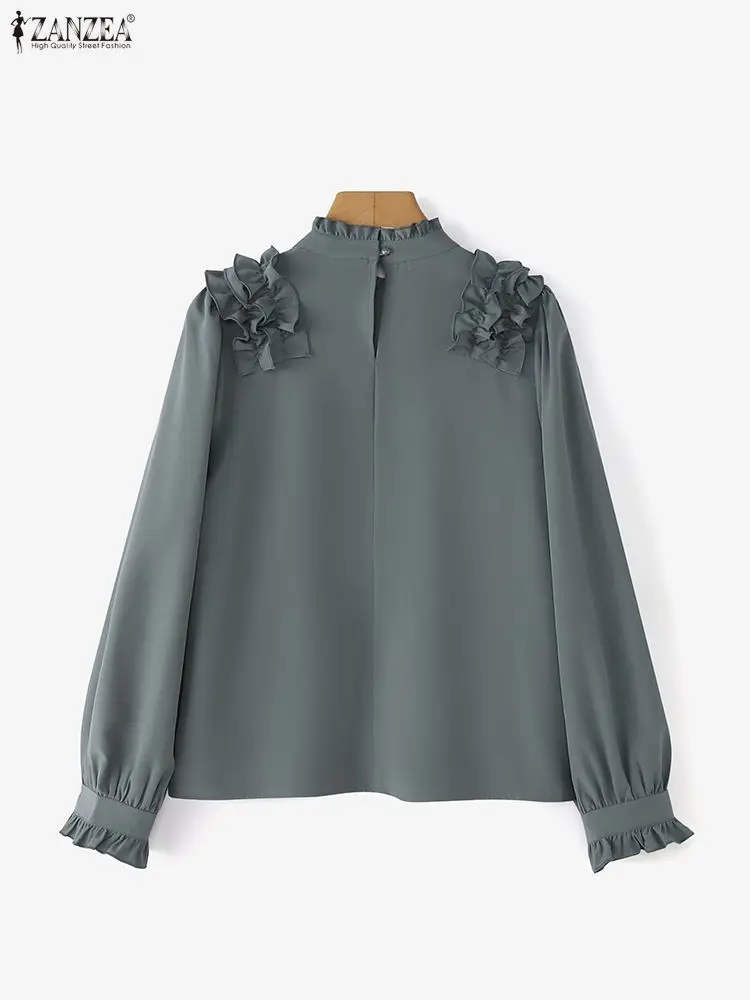 Zanzea elegante blusa com babados feminina manga longa elegante ol camisas de escritório 2025 moda gola casual sólido streetwear topos