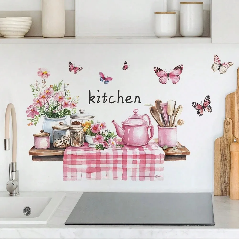 `Watercolor Pink Teapot Floral Butterfly Kitchen Wall Sticker Vintage Kitchenware Vinyl Decal For Tile Backsplash Home Kitchen A