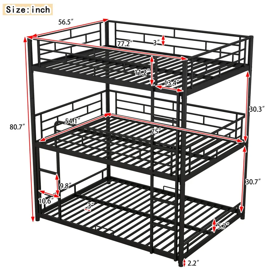 Metal Full Size Triple Bunk Bed, Black,Extra Large Space