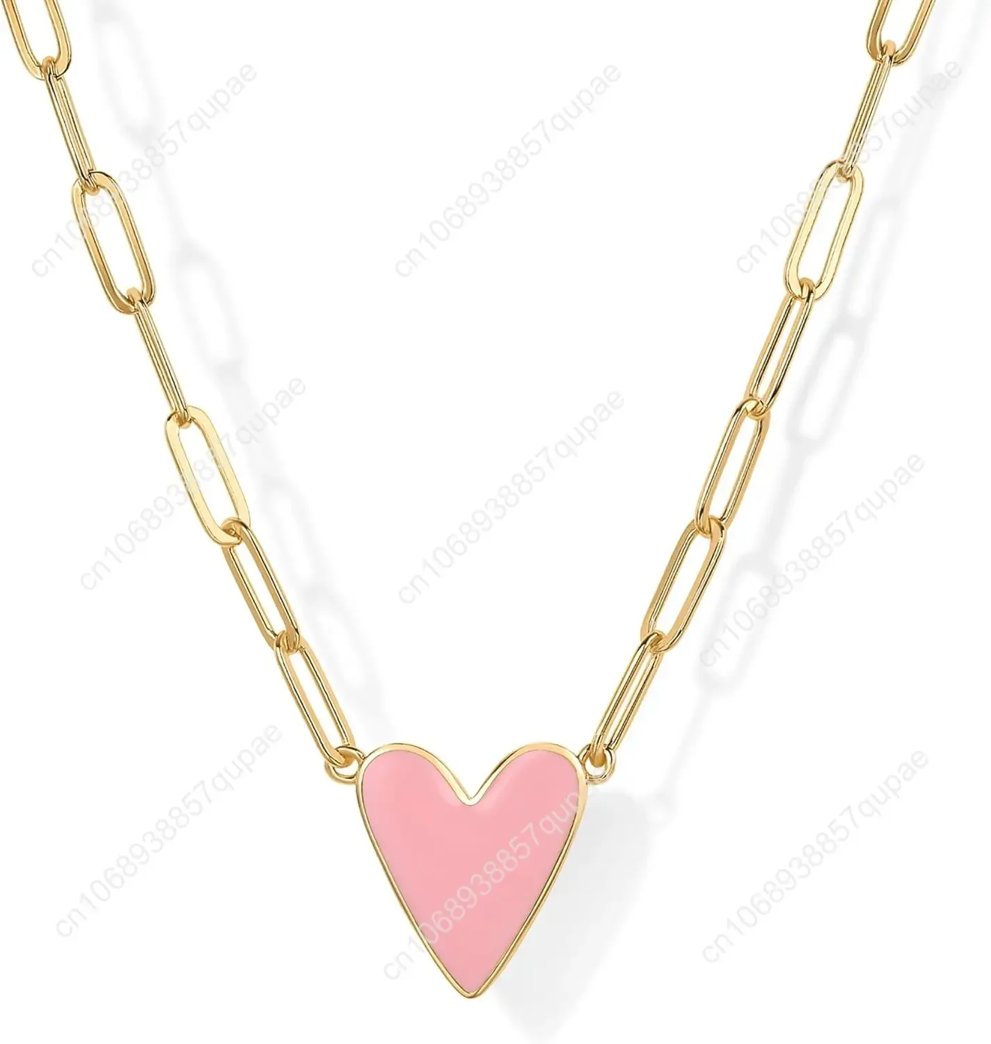 

14K Gold Plated Heart Enamel Pendant Necklace for Women | Love Paperclip Chain Necklaces | Blue Pink Purple White Enamel H