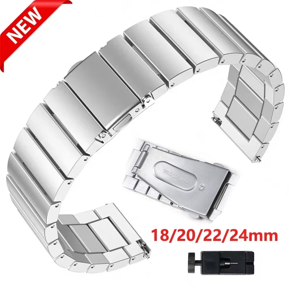 Solid Metal Watch Band 18mm 20mm 22mm 24mm Stainless Steel Wristband Smartwatch Replacement Strap Bracelet Watch Accessories