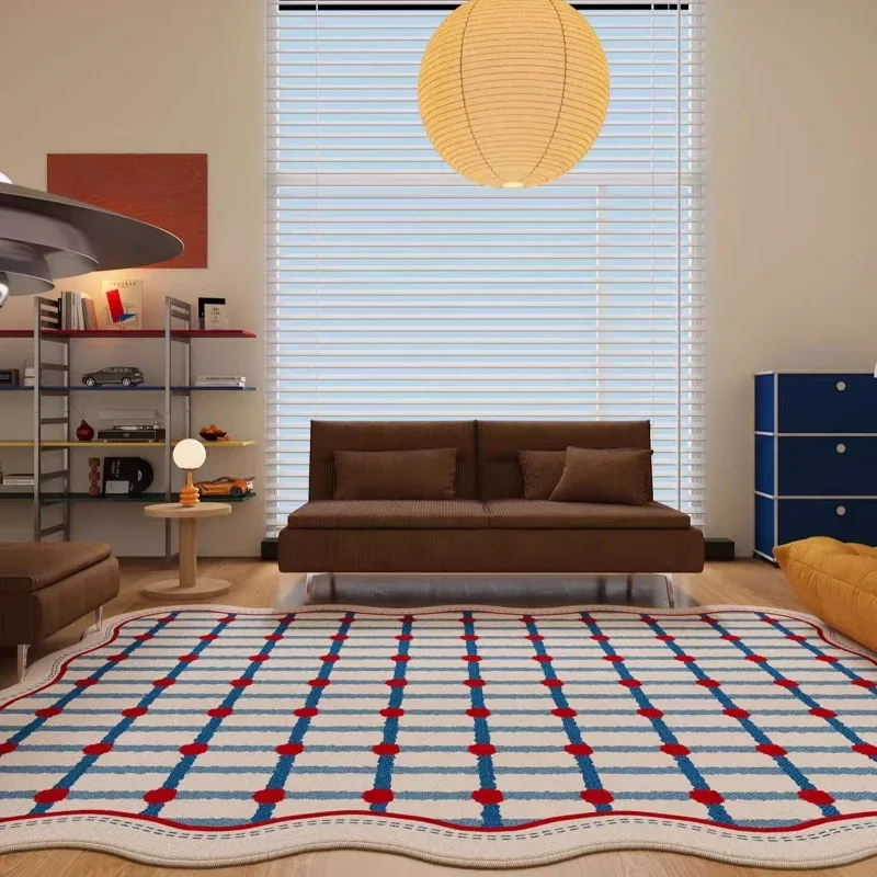 Retro Style Living Room Decoration Carpets Red Blue Rugs for Bedroom Art Grid Bedside Rug Fluffy Soft Home Irregular Floor Mat