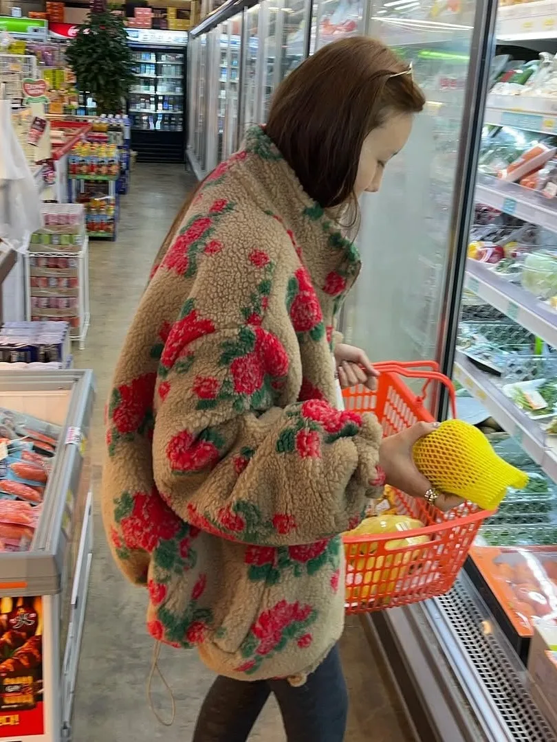 Winter Nieuwe Sle Dames Gedrukt Lamsbont Jaet Losse Warmte Rits Top Koreaanse Faion Polyestervezel ort Jas