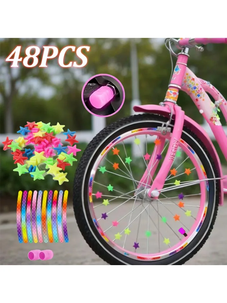 AliExpress NONE 48pcs Bike Spoke Decor Kit, Glow Stars/Reflective Strips/Valve Caps, Safety DIY Bike Decor Accessories