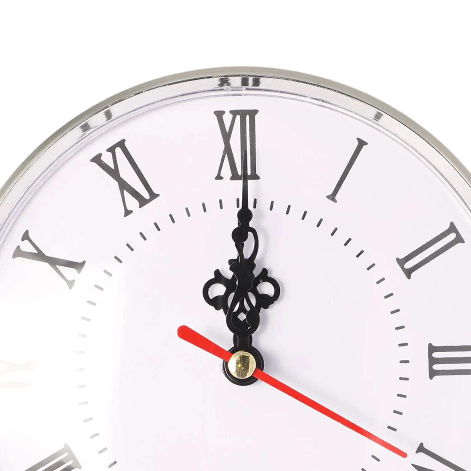 130mm Diameter Quartz Clock Insert Featuring Roman Numeral Hour Markings White Face Clear Lens and Metallic Trim Ring
