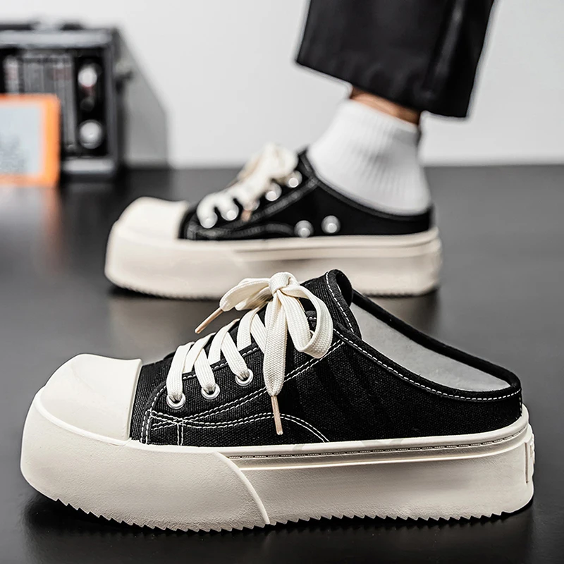 Canvas Half Shoes For Men Mules Closed-toe Casual Shoes Backless Loafers Slipper Height Increase Slides Semi-Drag Board Shoes