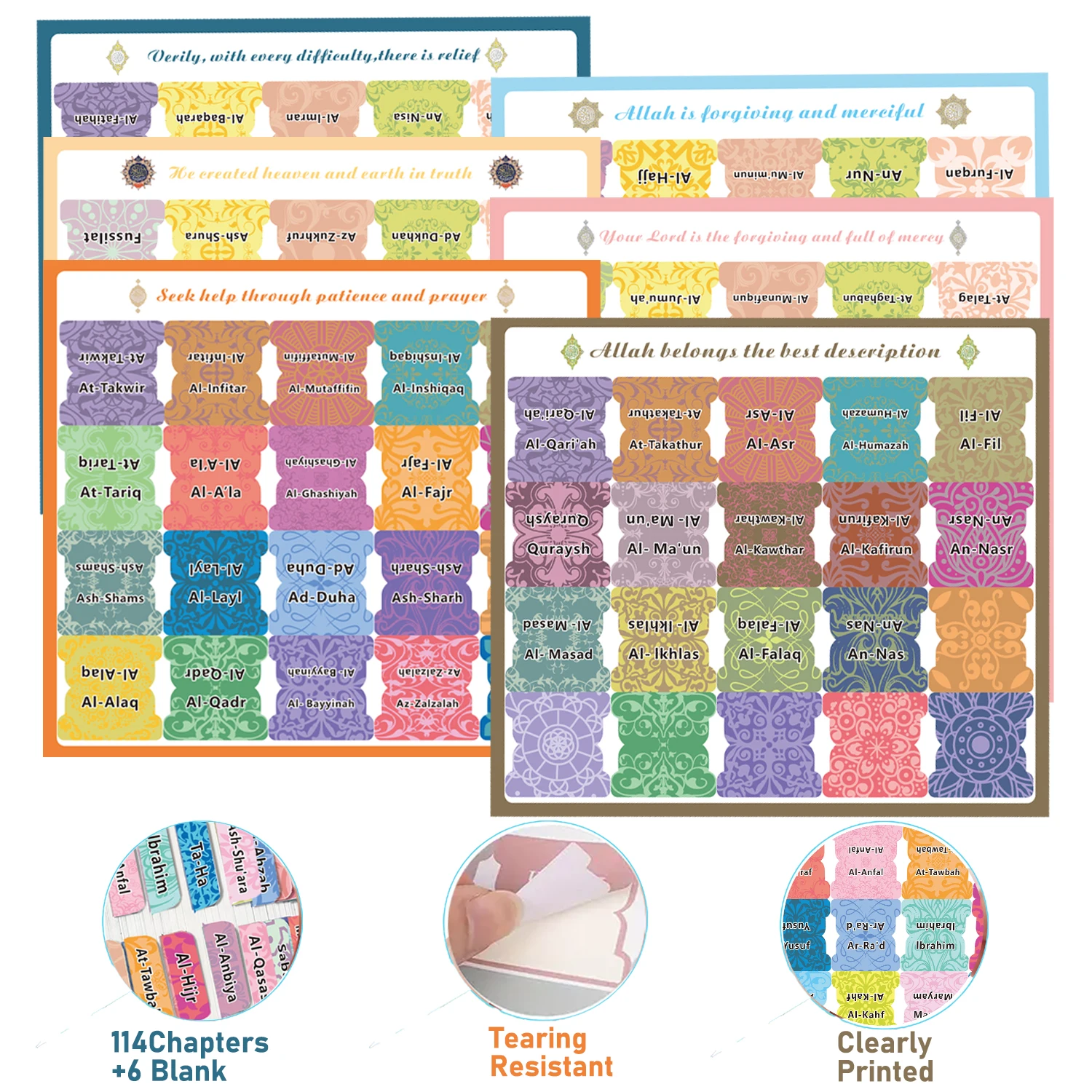 114 Quran Chapter Tabs & 6 Blank Tabs: Self-Adhesive, Tear-Resistant, Clearly Printed for Easy Quran Navigation And Decoration