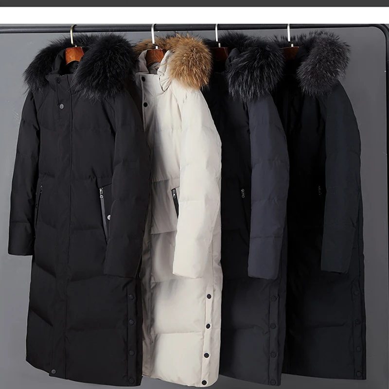 Knielange Daunen jacke für Männer Pelz kragen abnehmbarer Hut langer Daunen mantel Mann Winter puffer jacke Männer flauschige Jacke Parkas Frauen