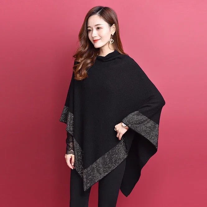 New Autumn Fashion Winter Diamonds Knit Shawl Cloak Loose Plus Size Solid Woman Poncho Cape Pullover Sweater Red