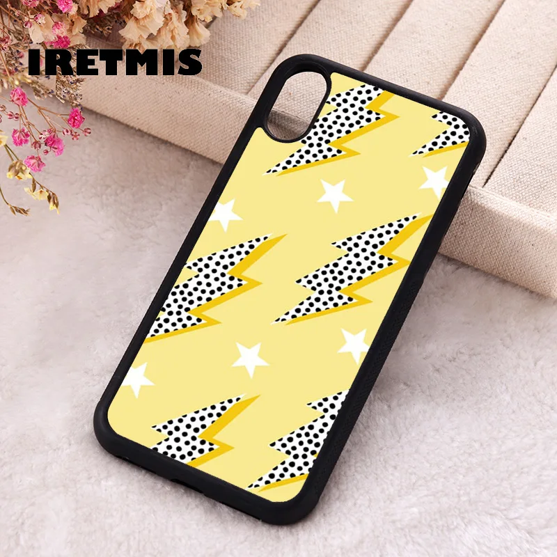 Iretmis Phone Cover Case For iPhone X XS Max XR 11 12 13 PRO MINI 14 15 16 Plus Rubber Silicone Yellow Polka Dot Lightning Bolts