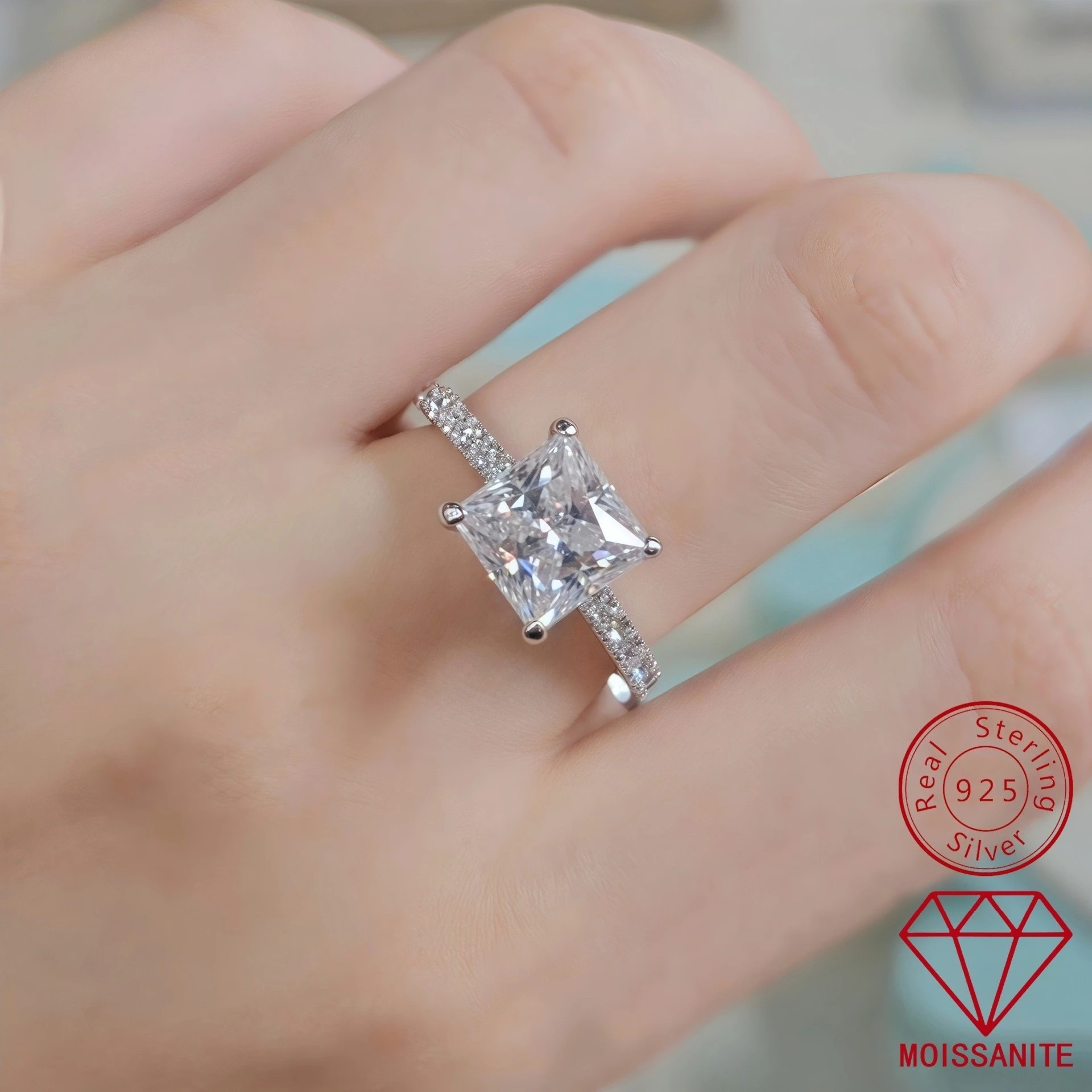 

Carnica 8×8mm 3CT Real Moissanite Ring for Women 100% S925 Sterling Silver Sparkling Wedding Band GRA D Color Princess Square