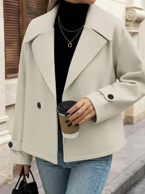 Nuevo abrigo corto con doble botonadura para mujer, diseño minimalista con cuello de gran tamaño para uso diario e informal, otoño e invierno