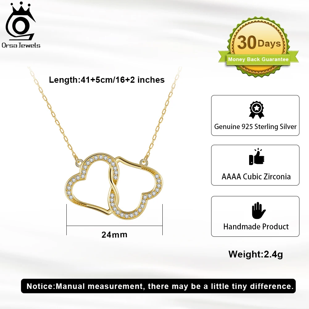 ORSA JEWELS 925 Sterling Silver Sparkling Double Heart Pendant Necklace Clavicle Chain for Women Valentine's Day Gift Jewelry