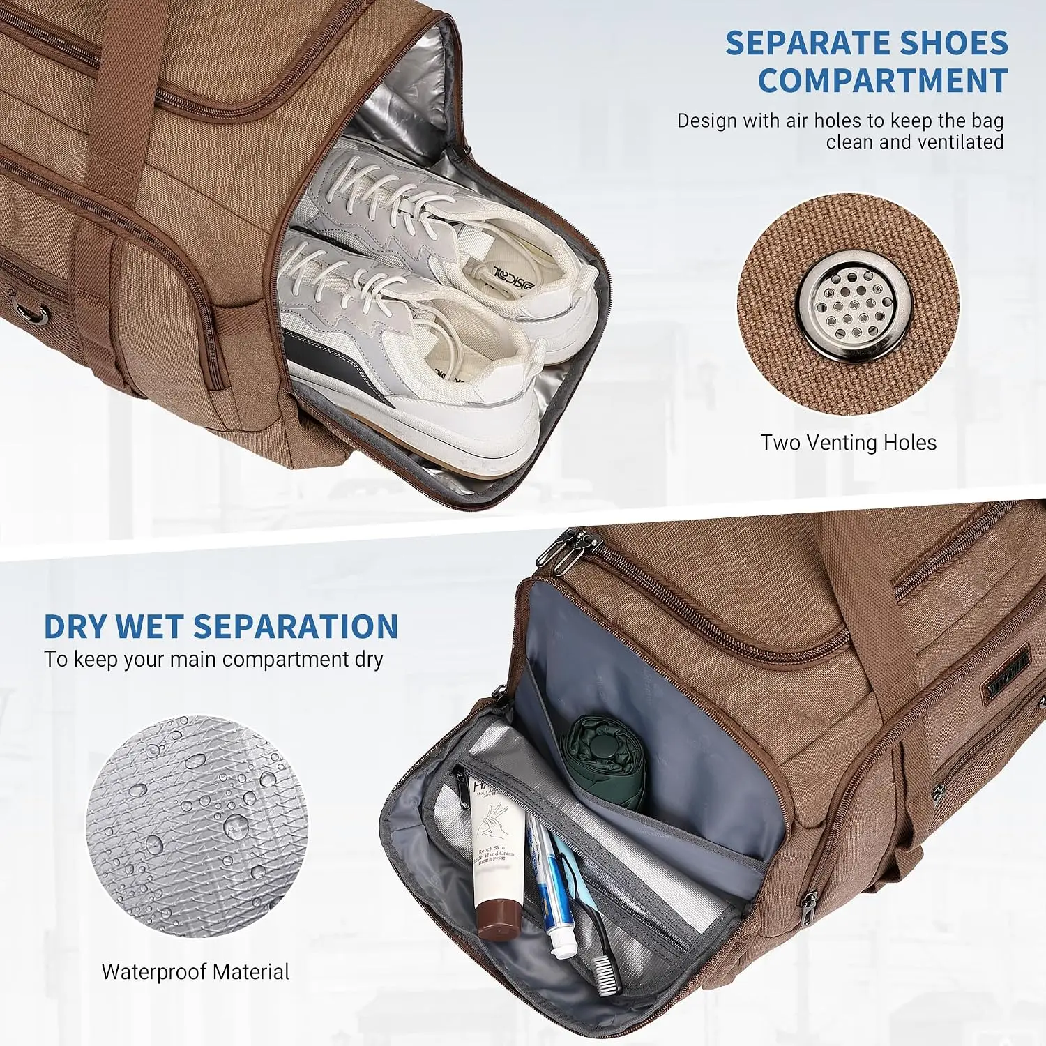 Canvas Duffle Bag for Men 3 in 1 Convertible Backpack 45L Travel | With Shoe Compartment and Dry-wet Pocket, Large Capacity, Carry On, For Gym, Sports, Weekender, Overnight, A8006/3 Brown view 5