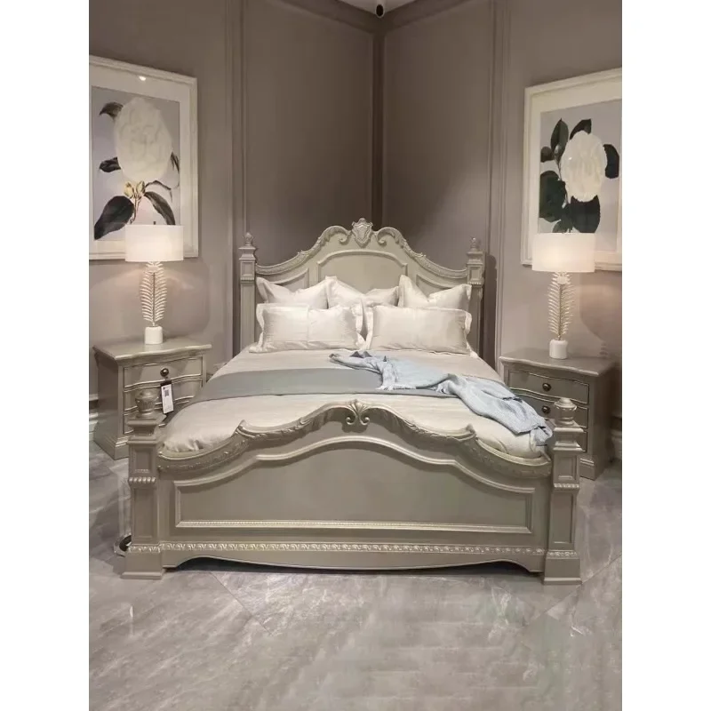 Retro old solid wood bed French engraved simple master bedroom double bed 1.8 meters wedding bed villa furniture