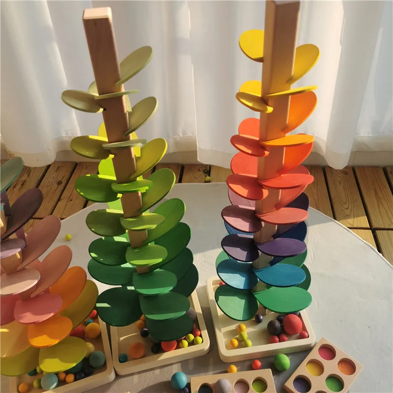 High Quality Rainbow Music Sounding Trees Wooden Petals Assembly and  Marble Run Balls Tracking Kids Educational Toys