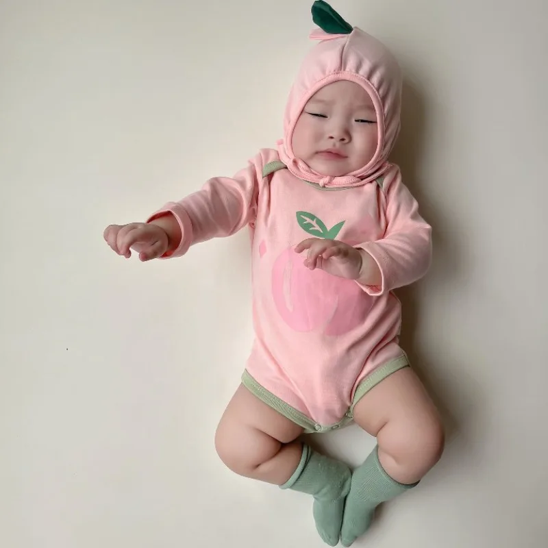 Korean Baby Clothes Bodysuit Lovely Peach Onesie Long Sleeve Kawaii Cute Printed Romper Cotton Soft Infant Onesie Ropa De Bebe