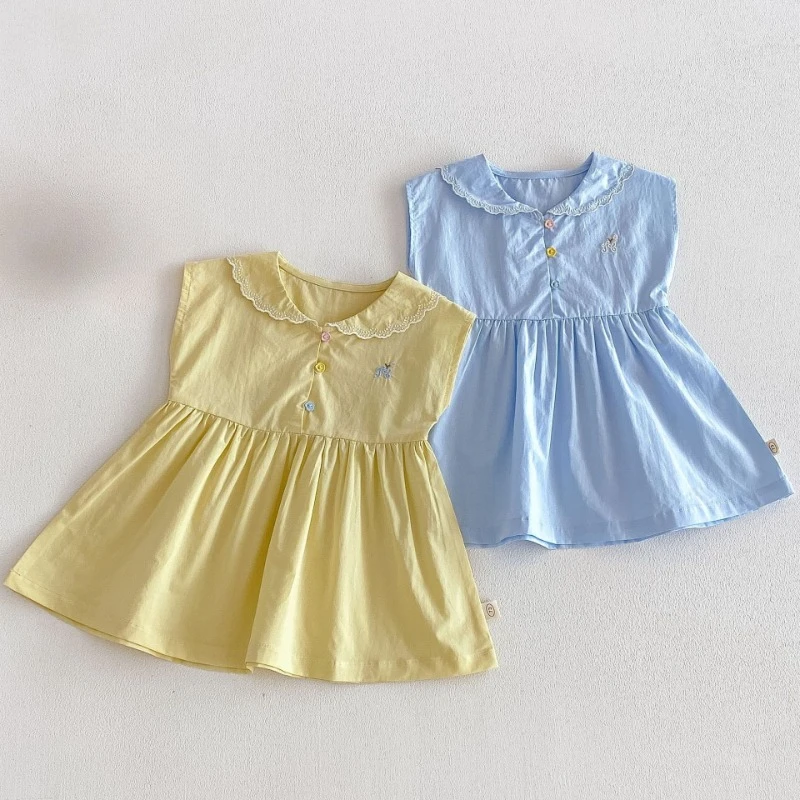 2026 New Summer Hot Selling Girls' Embroidered Cotton Cartoon Vest Sleeveless Dress