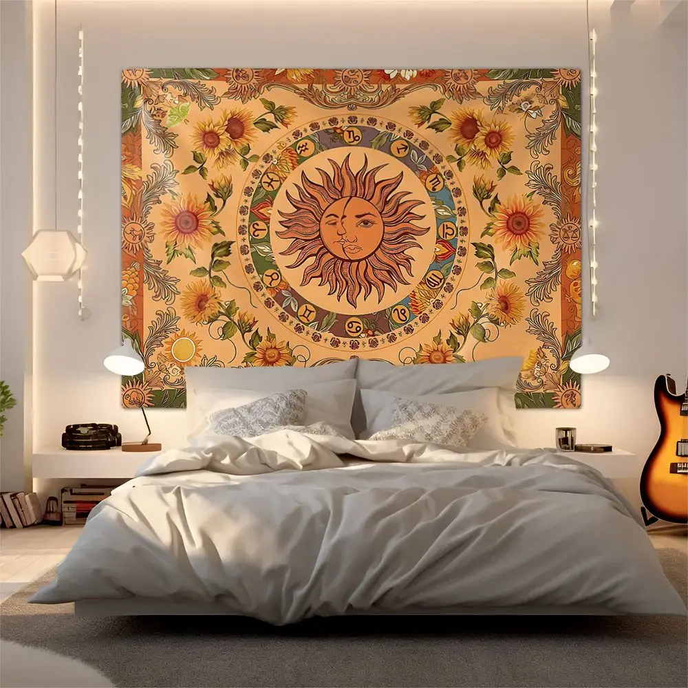 Boho Sunflower Sun Moon Zodiac Tapestry Wall Hanging Digital Print Wall Tapestries Aesthetic Room Decor Bedroom