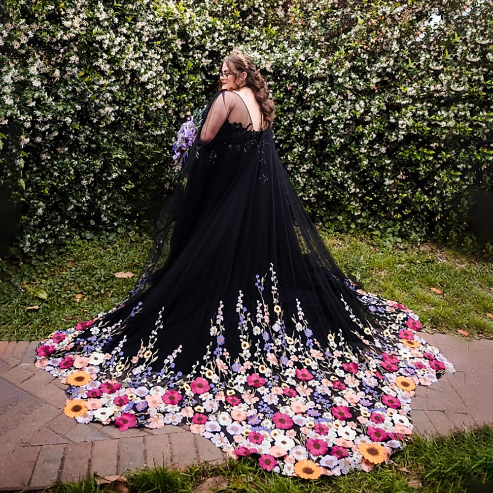 أسود تول فاخر ملون الحجاب حديقة زهرة الدانتيل صدفي ثلاثية الأبعاد كيب متعدد الألوان الحجاب طبقة واحدة الزفاف الرأس مخصص