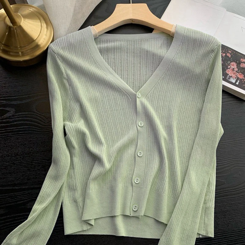 Cropped Boxy Button-Up Cardigan Sweater Women\'s Long Sleeve Plain Knitted Jacket Teen-girl Fall Winter Y2K 90s Outfit