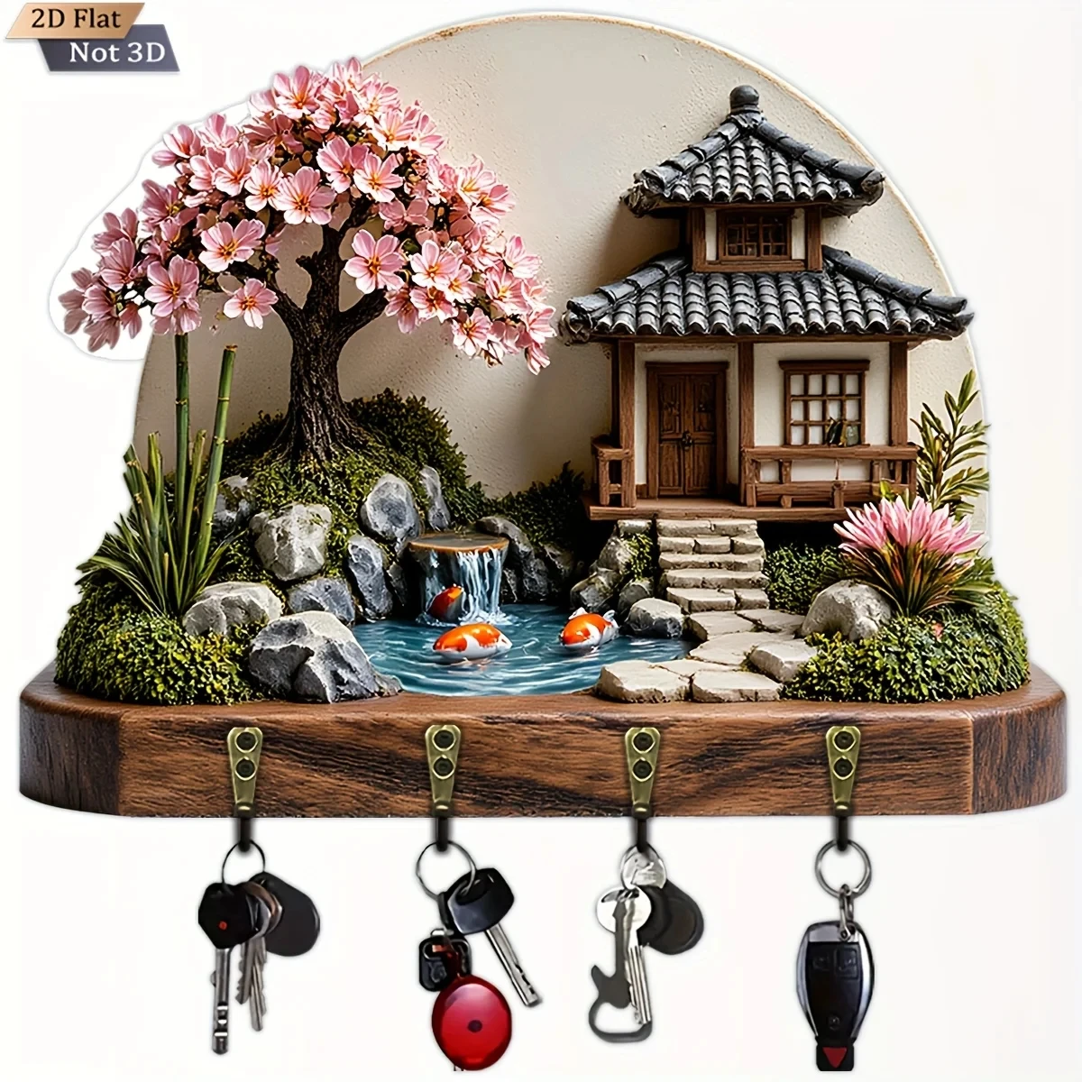 2D Flat, 1pc, Japanese Garden Cherry Blossom Koi Key Hook Wooden Multifunctional Home Key Holder with Four Metal Hooks, Wall