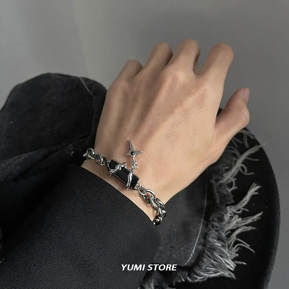 2024 Retro Black Zircon Star Bracelet For Women Men Trend Titanium Steel Punk Nk Chain Unisex Jewelry New Couple Accessories image 2