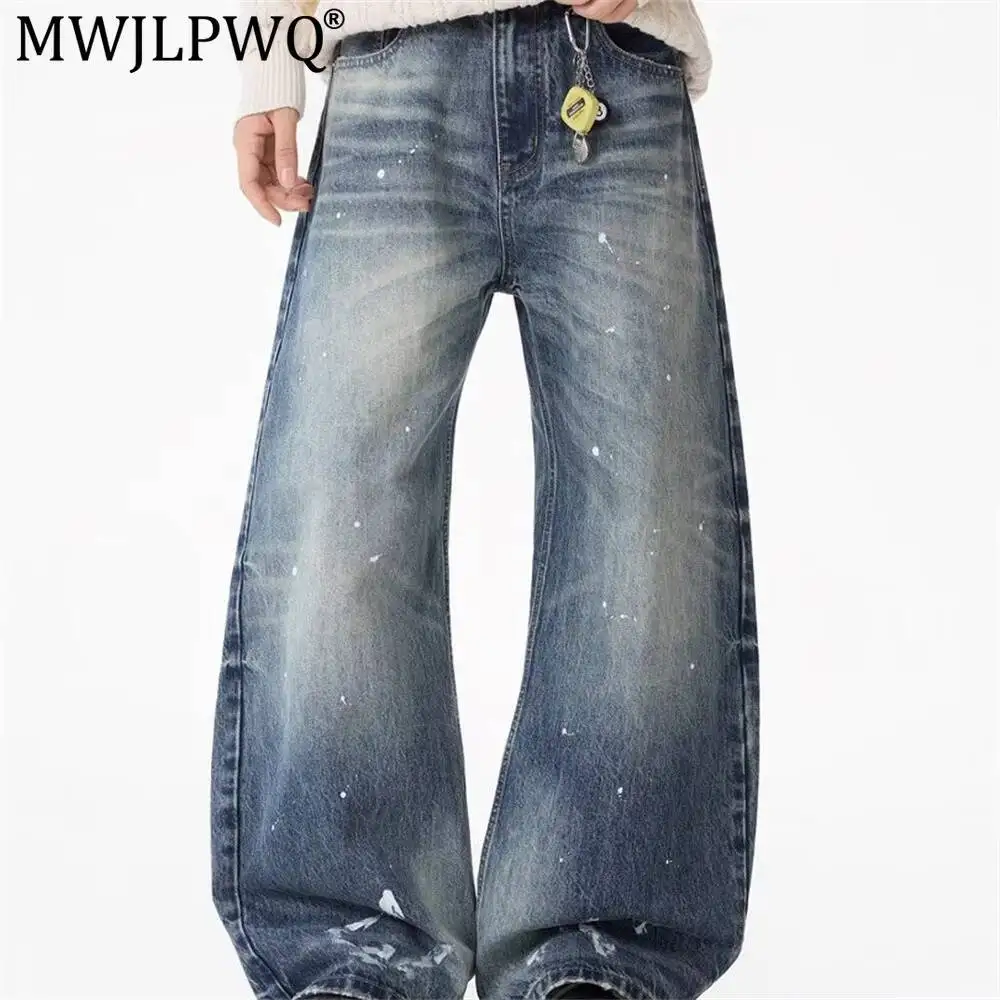 MWJLPWQ Spray-Painted Distressed Denim Scythe Pants For Men Punk Street Style Faded Gradient Wash Curved Loose-Fit Trouser 20219