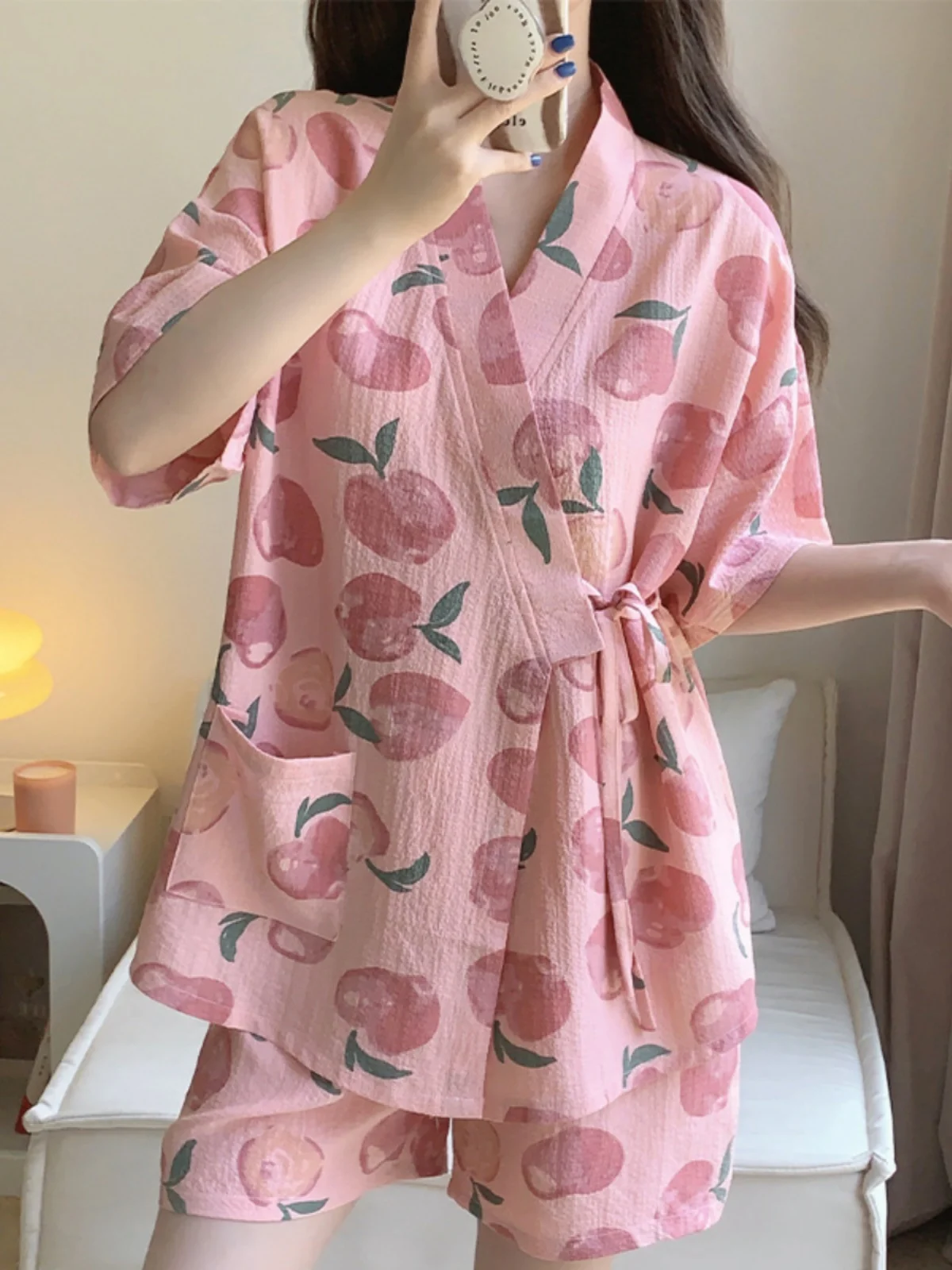 

Summer Kimono Sle Spwear Women's ort Sve Home Clothes Set Large Size Cotton Printed V-Ne Button Front Loose Fit