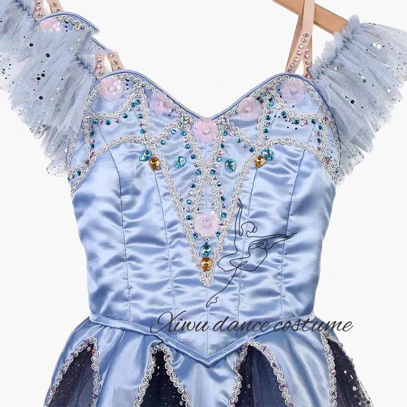 Fancy  Custom Size Kids Girls Peasant Gilsay Ballet Dance Performance Wear Costumes Long Blue Romantic Tutu Dress