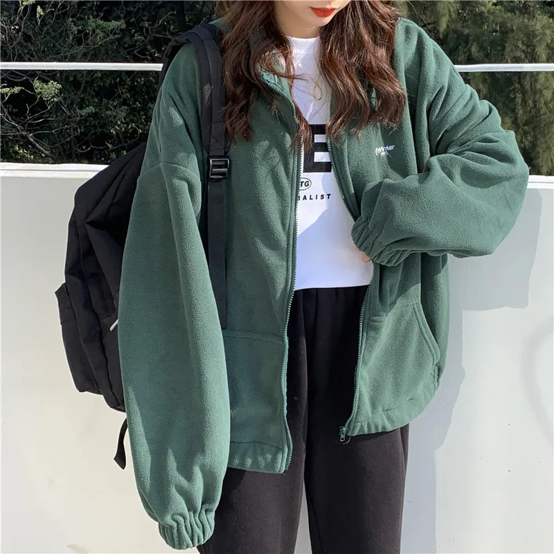 Loose Winter Fluffy Jackets Women Couples Unisex Warm Fleece All Match Outerwear Fashion Letter Embroidery Windbreaker Cozy Coat