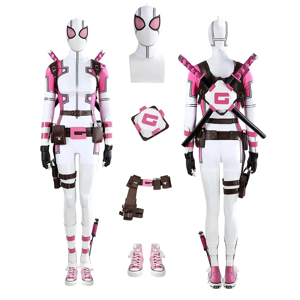 Disfraz de Gwenpool, Traje de Baño Rosa y Blanco con Cinturón, Traje de Spandex Lady Dead para Fiesta de Halloween