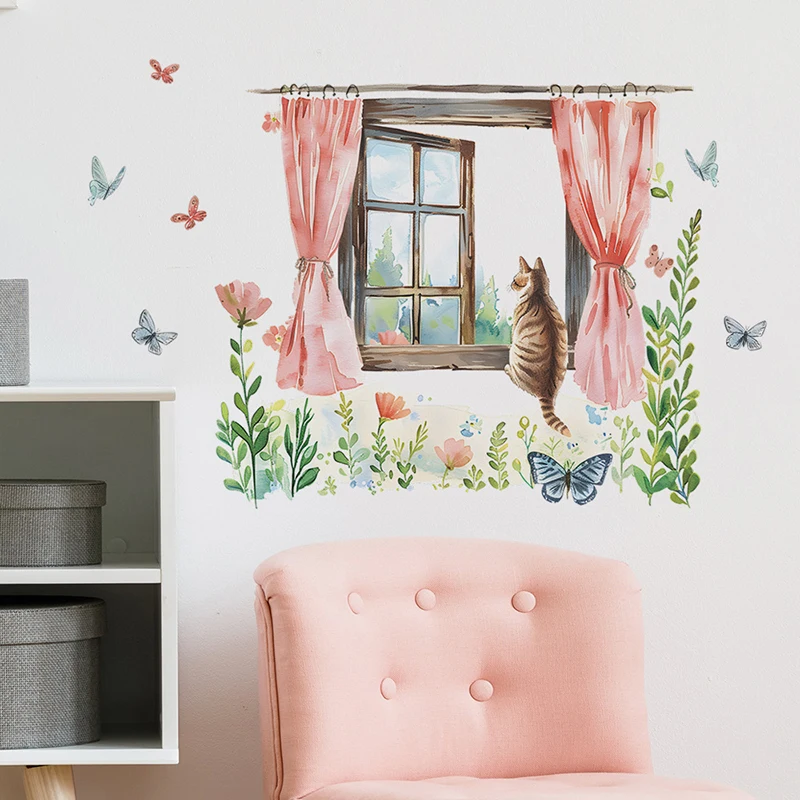 Spring Window Cat Flower Butterfly Children's Room Bedroom Living Room Porch Home Beautification Wall Sticker