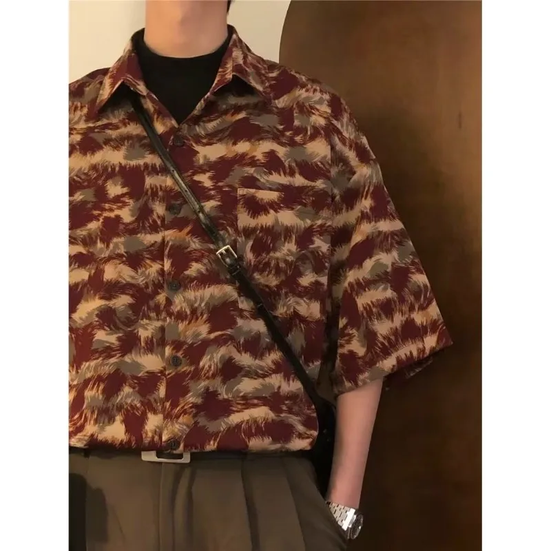 

Retro Lightweight Printed Shirt Men Summer Turn-down Collar Short Sleeves Layered Tees Single Breast Loose Casual Fashion Coat