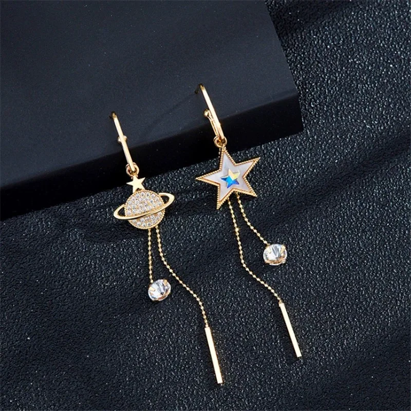 2PC New Trend Star Earth Long Tassel Dangle Earrings For Women Planet Crystal Statement Pendant Earrings Wedding Party Jewelry image 4