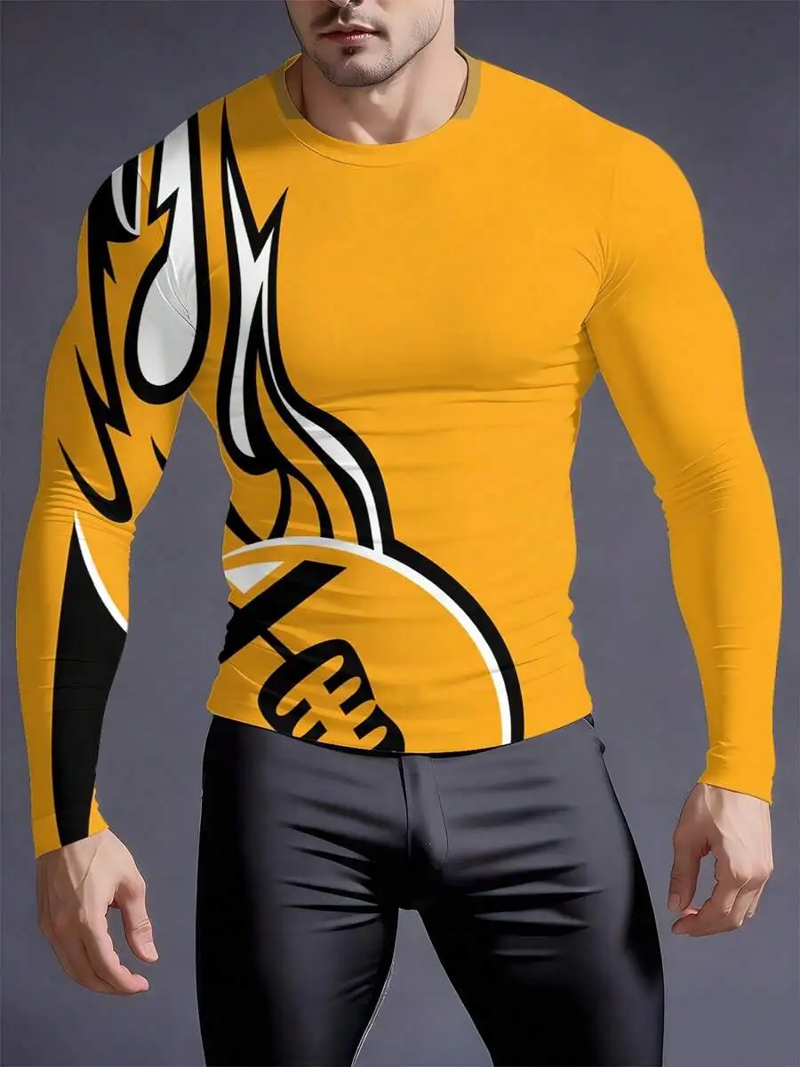 

3D Printed Mens Crew Neck Long Sleeve Compression Shirt Sportswear