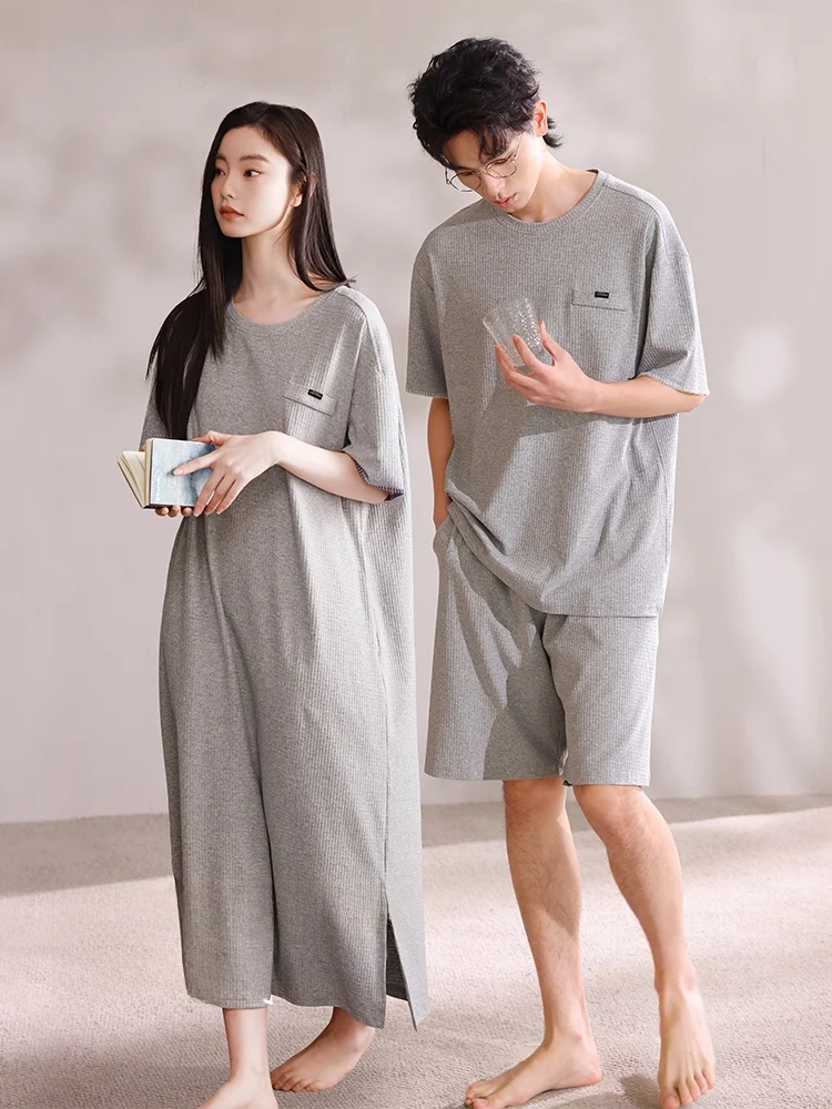 couple's-summer-cotton-pajamas-short-sleeve-long-nightgown-home-clothes-set-for-men-and-women-comfortable-breathable-sleepwear