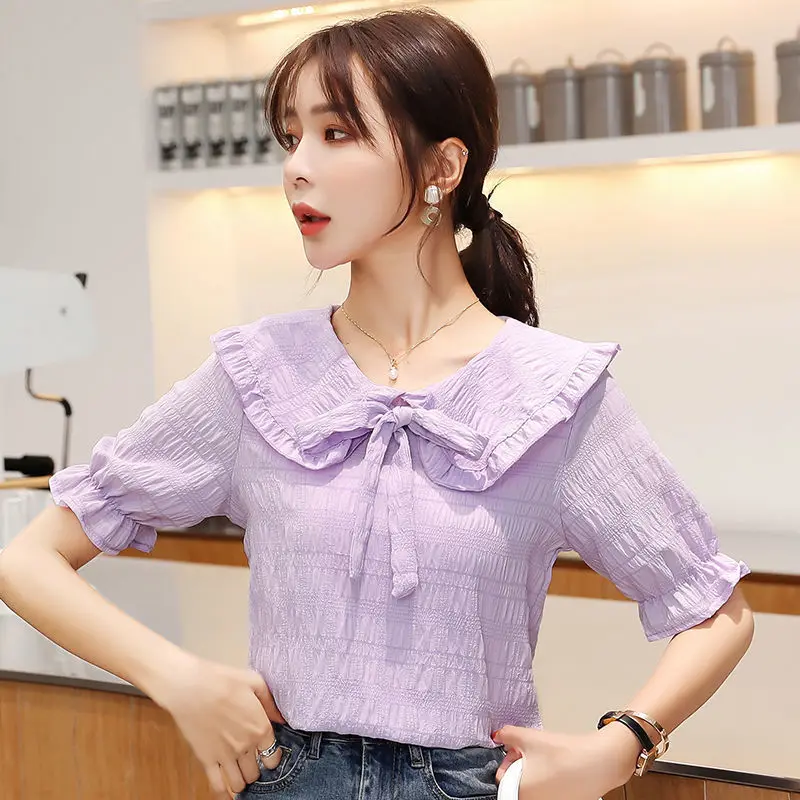 Women Clothes Summer Fashion Simplicity Sweet Bow Short Sleeve Shirts Women's Solid Color All-match Elegant Temperament Tops