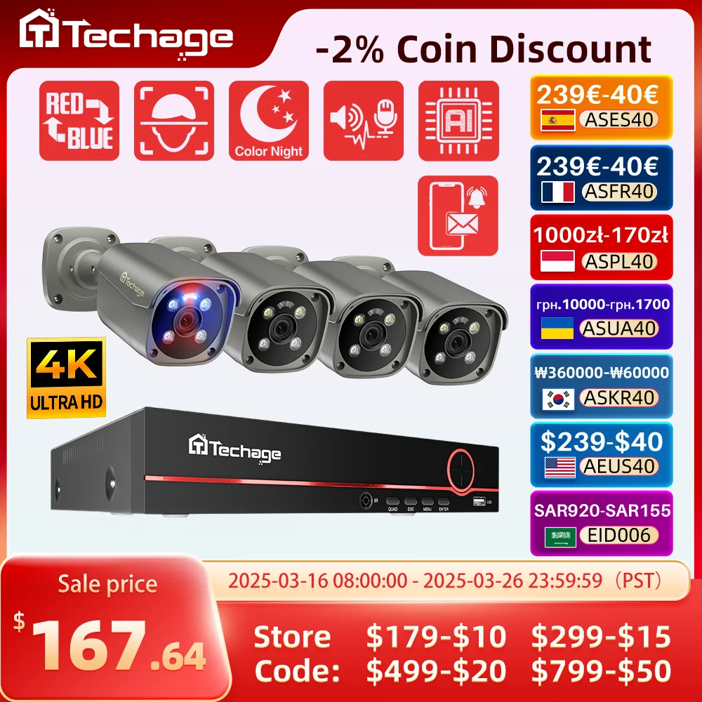 Techage 8CH 5MP 8MP 4K POE System kamer Dwukierunkowe audio Kolorowa noc Inteligentne wykrywanie twarzy AI CCTV Nadzór wideo