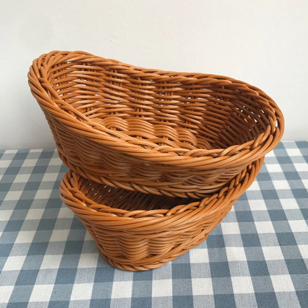 

2Pcs Imitation Rattan Woven Storage Baskets Plastic Kitchen Organizer Bread Fruit Vegetable Snack Holder Household Food