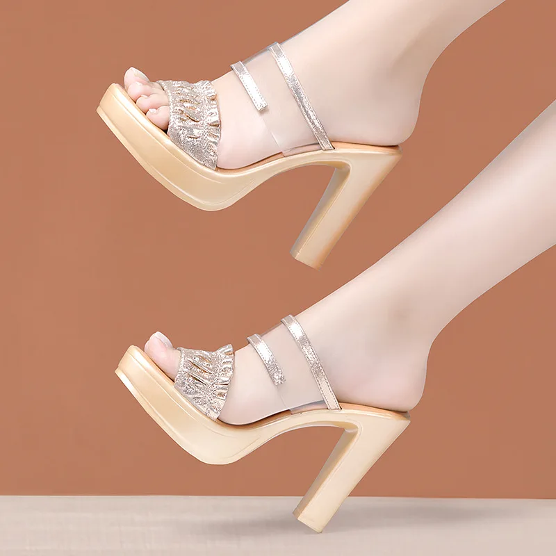 Small Size 32-43 Pleated Gold Wedding Shoes Women's Block High Heels Slides 2023 Summer Thick Bottom Slippers for Office Party