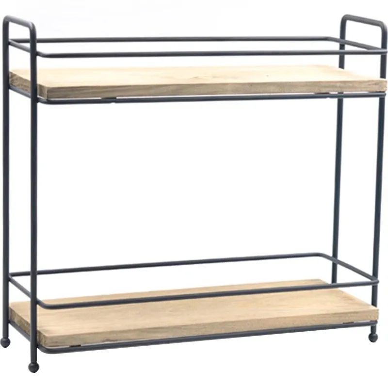 Simple wrought iron solid wood partition double shelf kitchen spice rack girl desktop debris two-tier storage rack 6