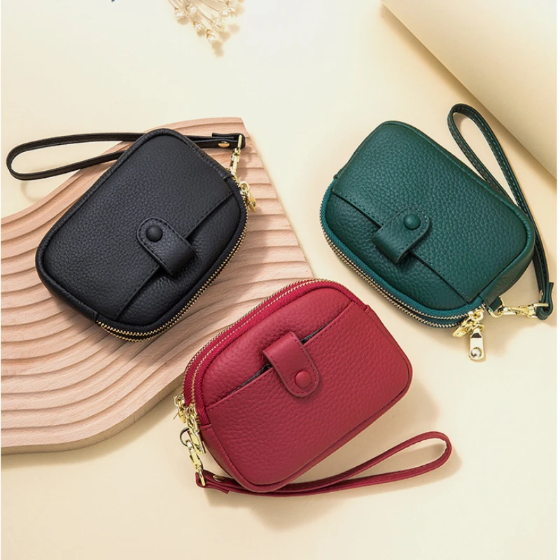 

Women Cowhide Double Zipper Portable Wallets Bag Card Holder Lipstick Case Leather Mini Earphone Change Coin Purse Key Pouch