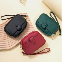 Women Cowhide Double Zipper Portable Wallets Bag Card Holder Lipstick Case Leather Mini Earphone Change Coin Purse Key Pouch