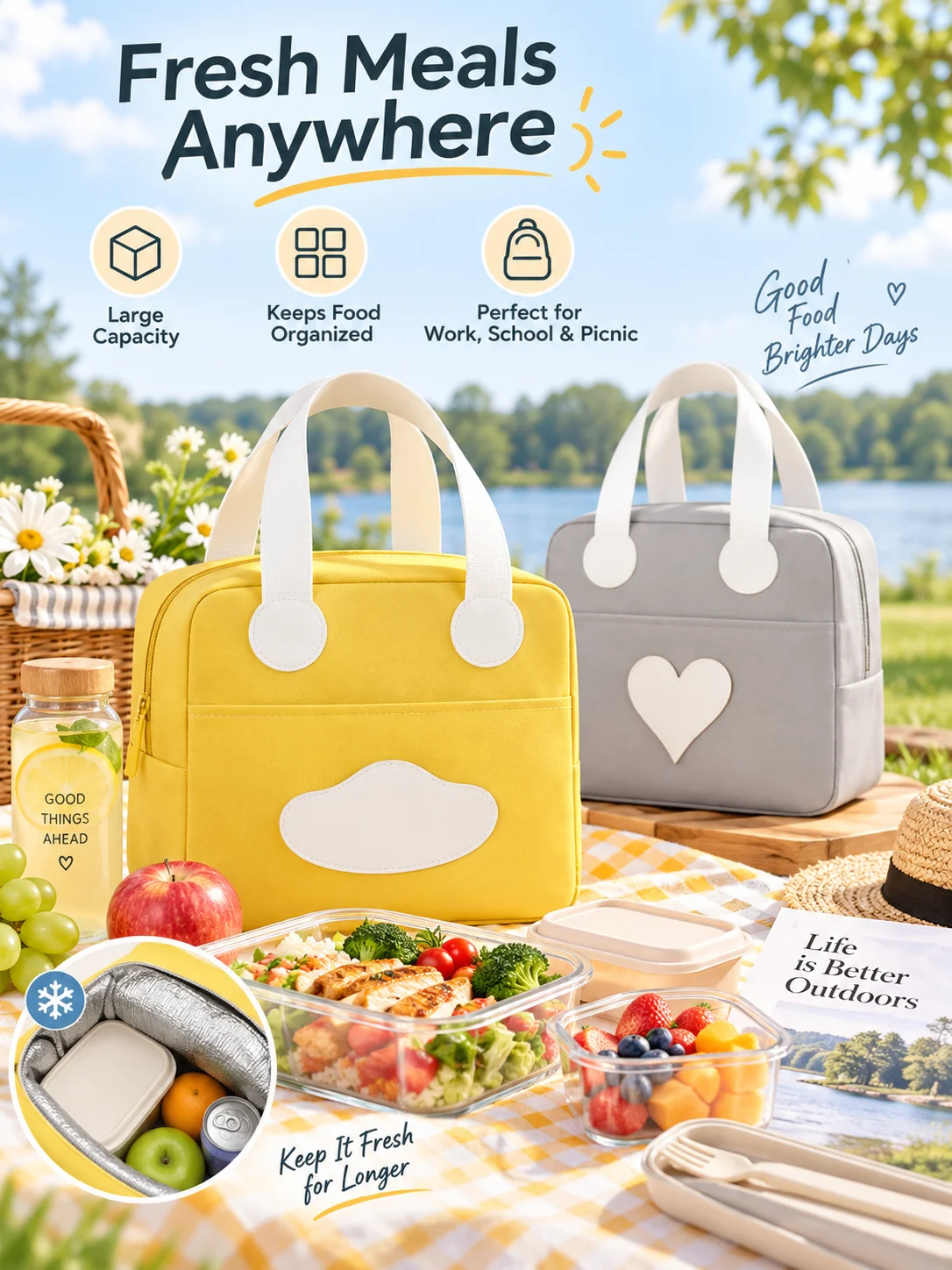 High-QualitySmiley Lunch Bag, Durable Oxford Fabric with Aluminum Foil Lining, Leak-Proof and Easy to Clean, Ideal for Commuters